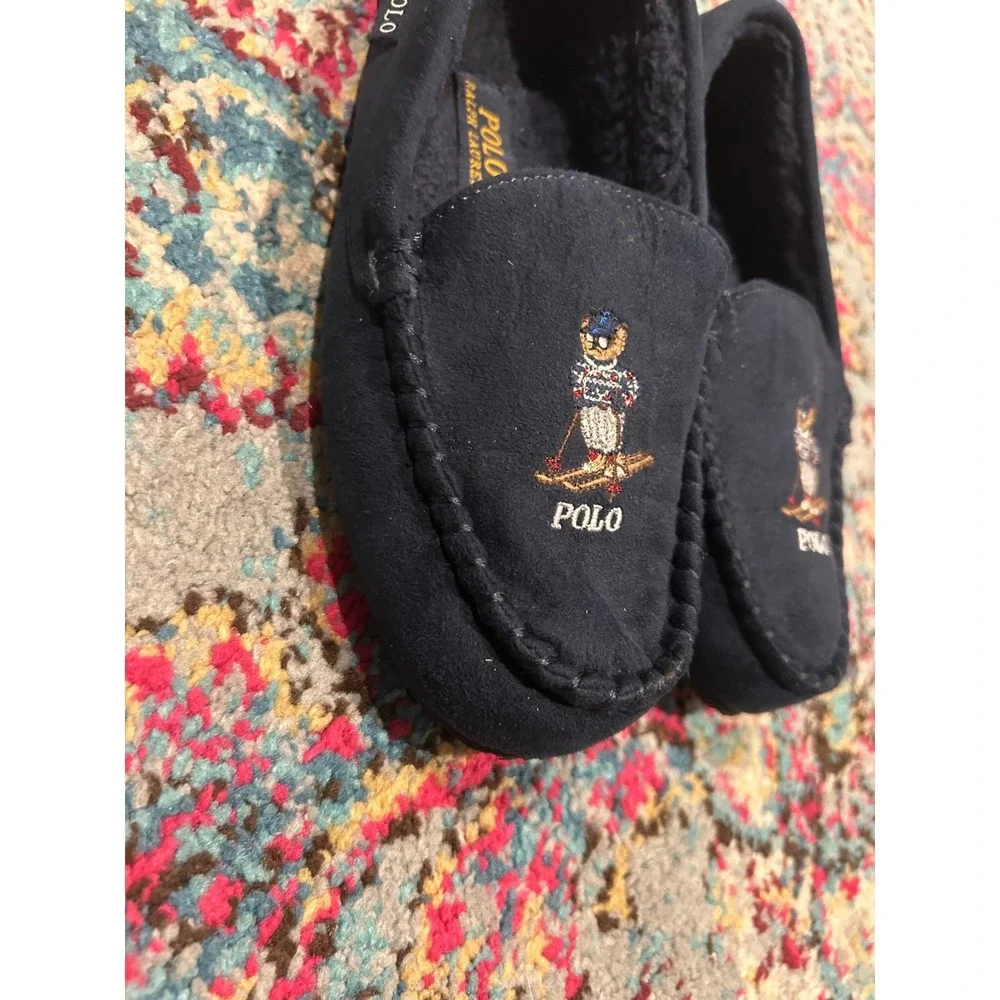 Polo Ralph Lauren Kids‎ Navy Blue Skiing Polo Bear Slippers Moccasins Size 4